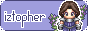A lavender colored button that says iztopher. Next to the text is an icon of me, a white person with long brown hair wearing purple armor, surrounded by lavender sprigs.
