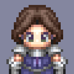 A pixel art headshot of me, Iz: a white person with long brown hair pulled back in a ponytail and green eyes.
